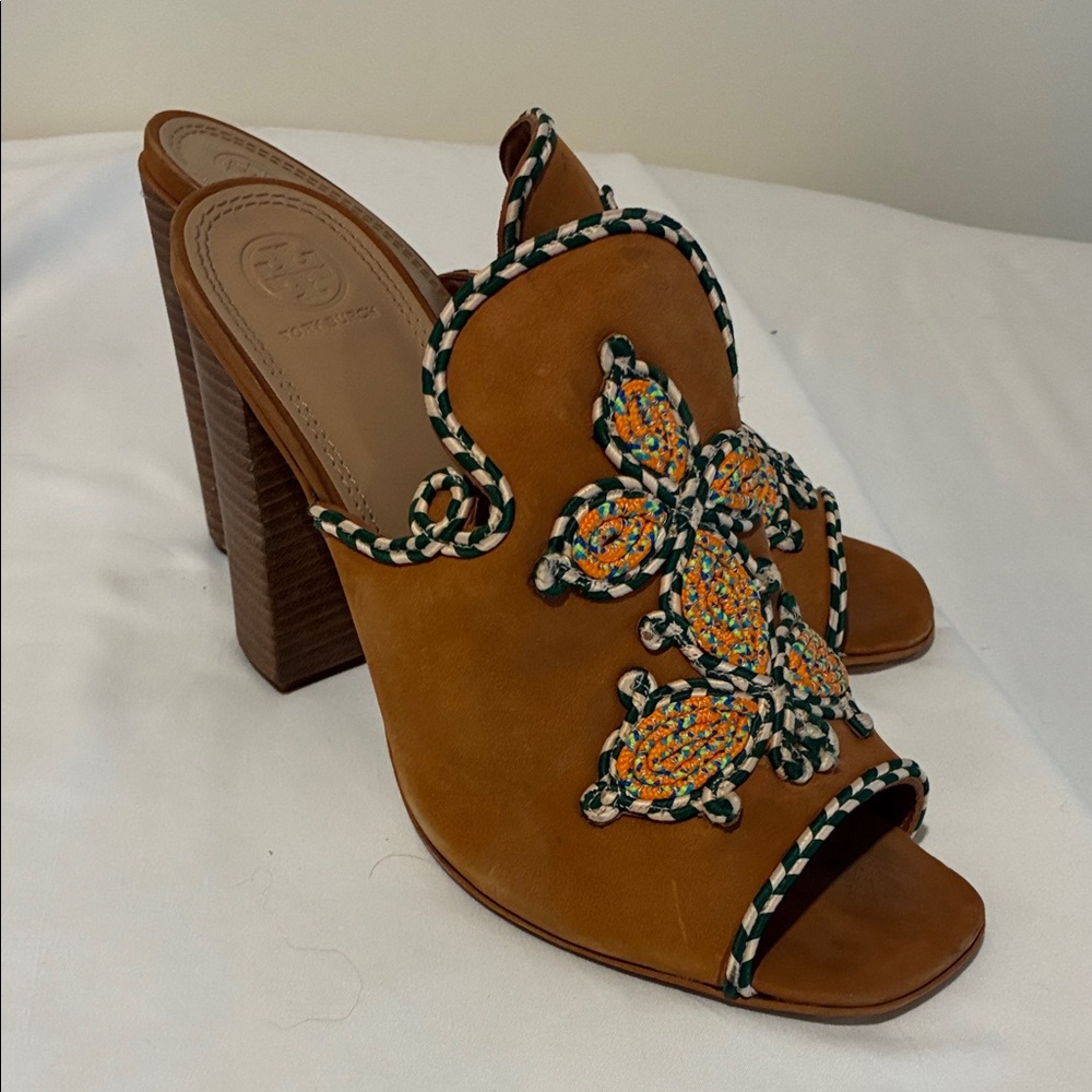 Tori Burch Embroidered Tan Block Heel Sandals